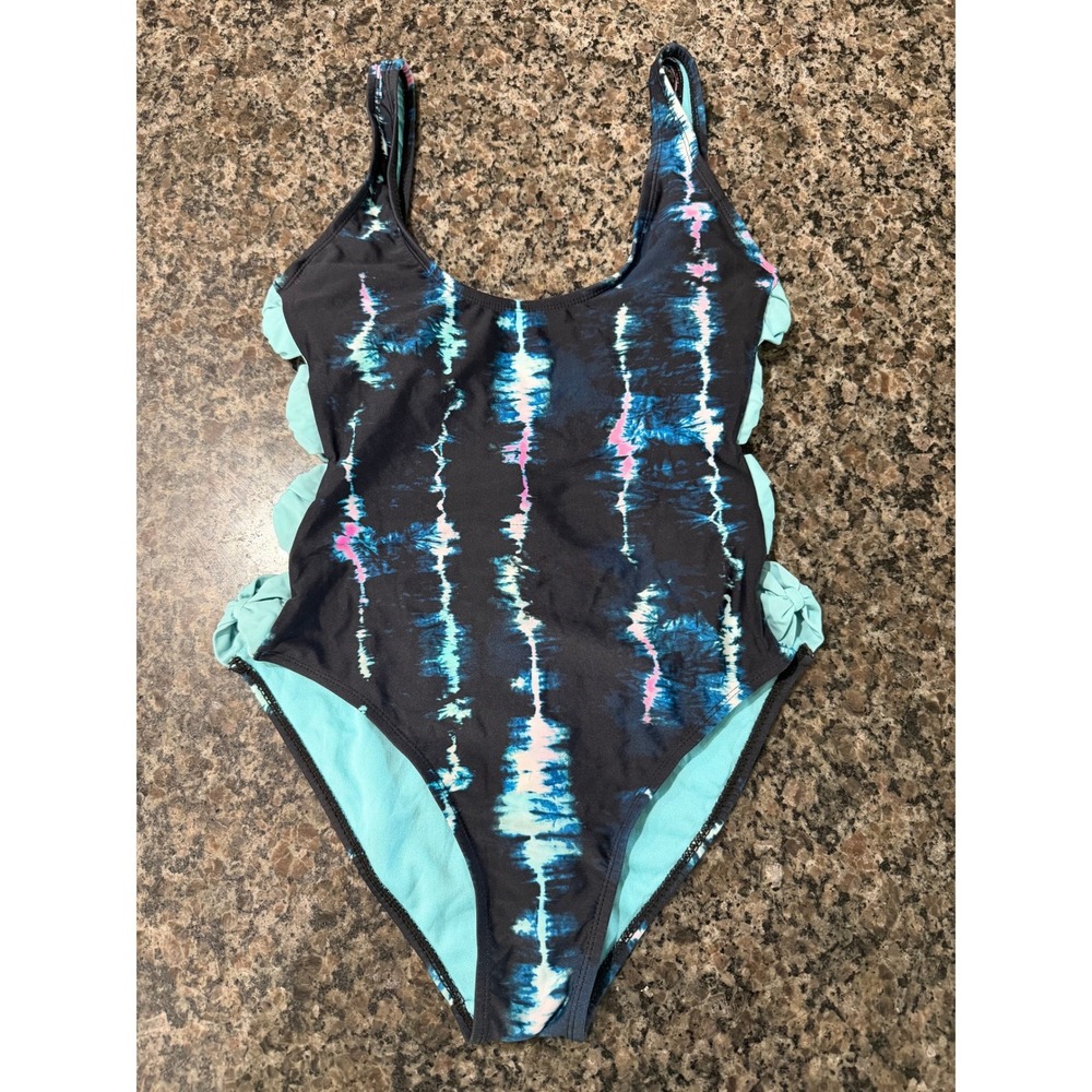 Cyn & Luca Womens Tie Dye One Piece Swimsuit Blue Pink Bow Side‎ Cutouts Small
